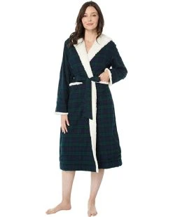 L.L.Bean Sleepwear Petite Scotch Plaid Flannel Sherpa Lined Long Robe